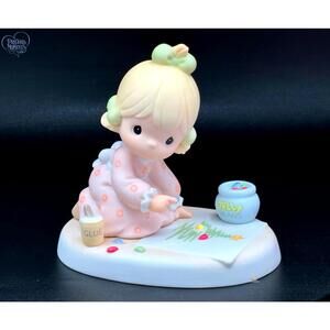 Precious Moments Girl Crafting Christmas Figurine with Jelly Beans and Glue